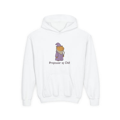 Capy Life white kids hoodie featuring a cute wizard capybara graphic and the text Professor of Chill.
