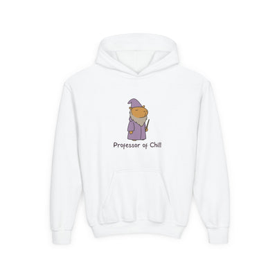 Capy Life white kids hoodie featuring a cute wizard capybara graphic and the text Professor of Chill.