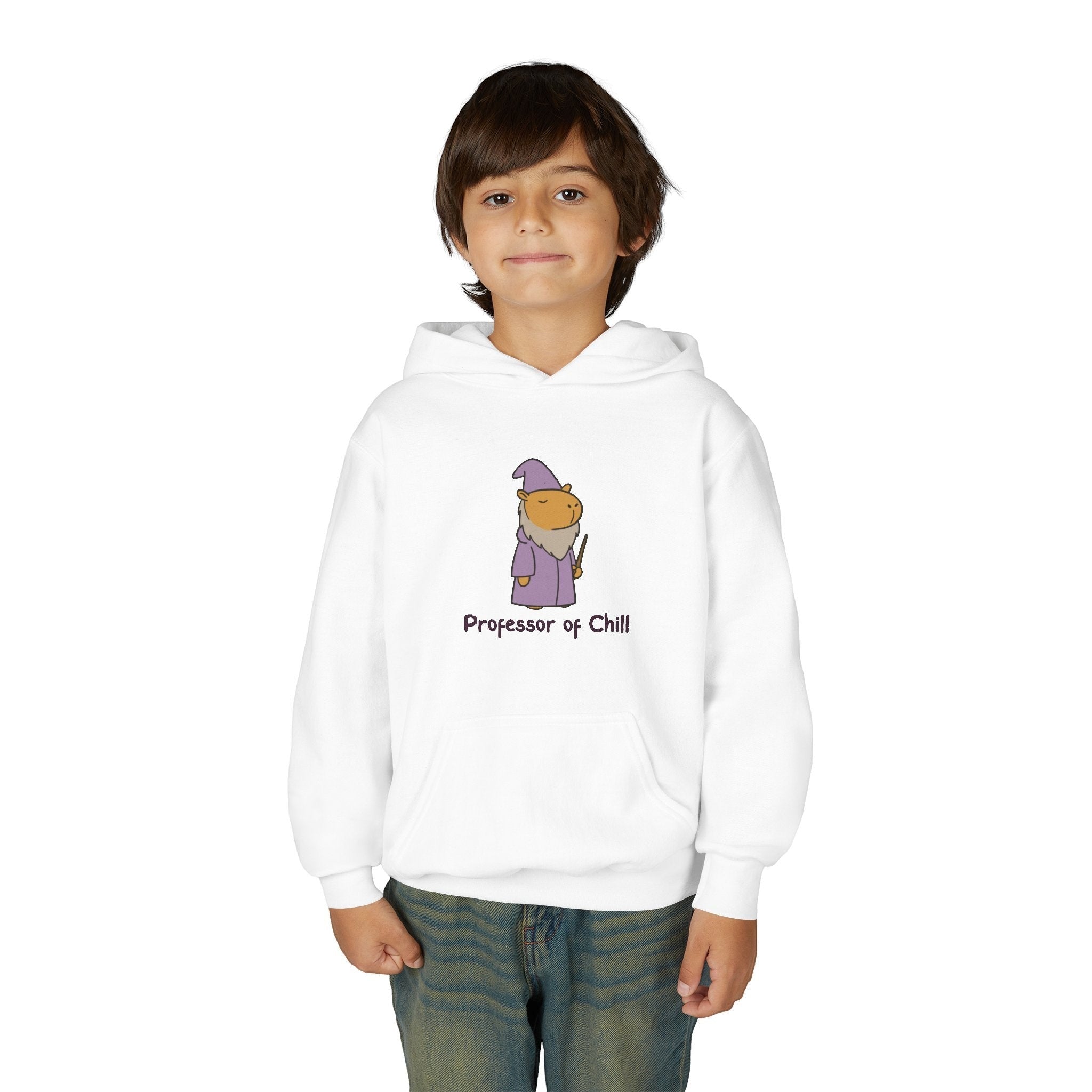 A young boy wearing a white Capy Life kids hoodie featuring a wizard capybara graphic and Professor of Chill text.
