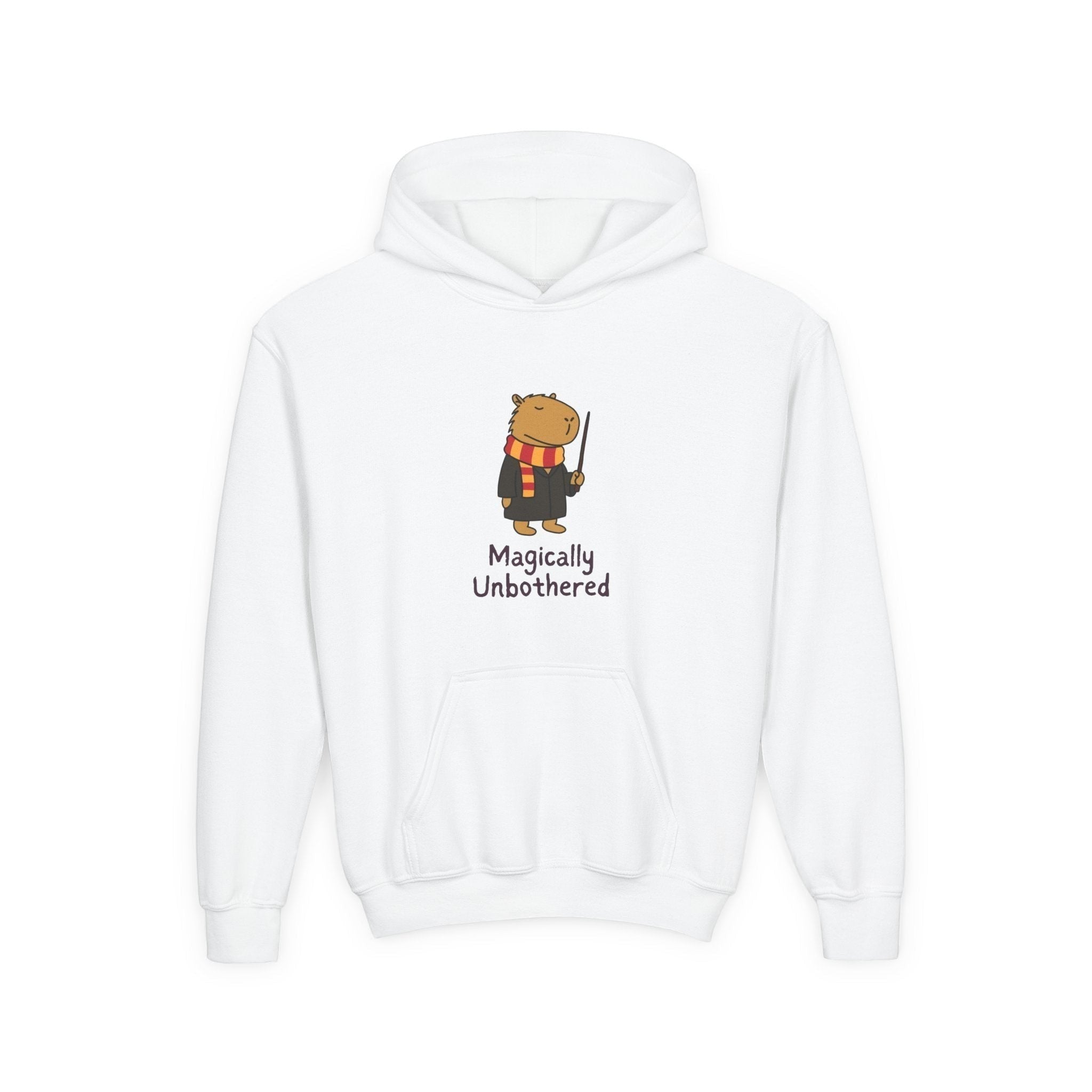Capy Life white kids hoodie featuring a cute capybara wizard illustration with a wand and the text Magically Unbothered