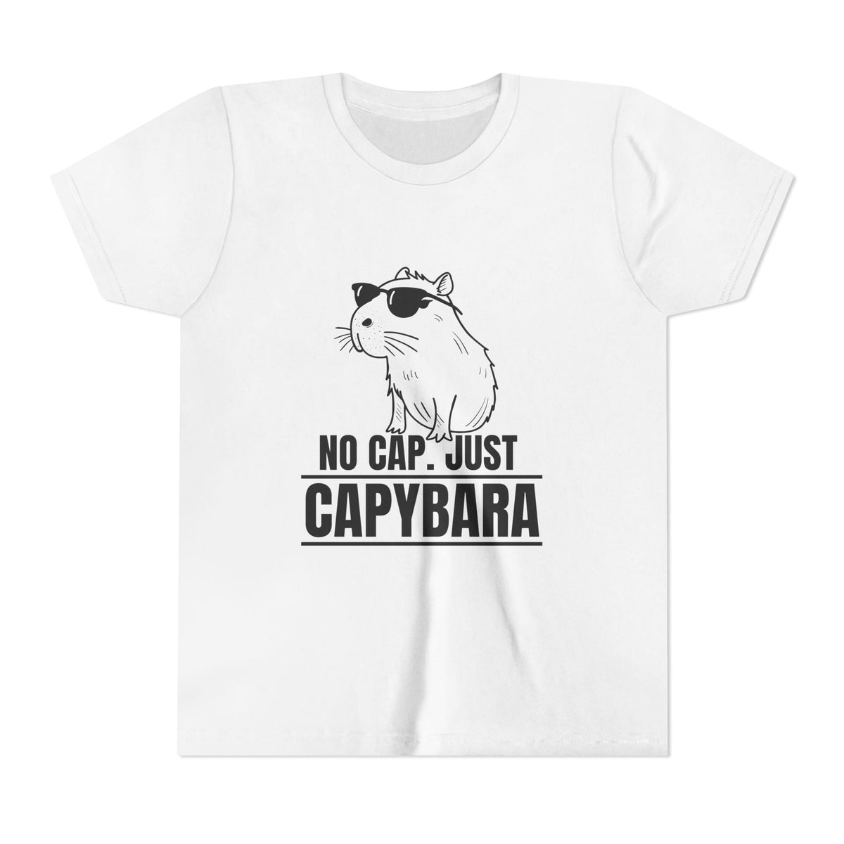 Capy Life white youth t-shirt featuring a graphic of a capybara wearing sunglasses with the text No Cap. Just Capybara