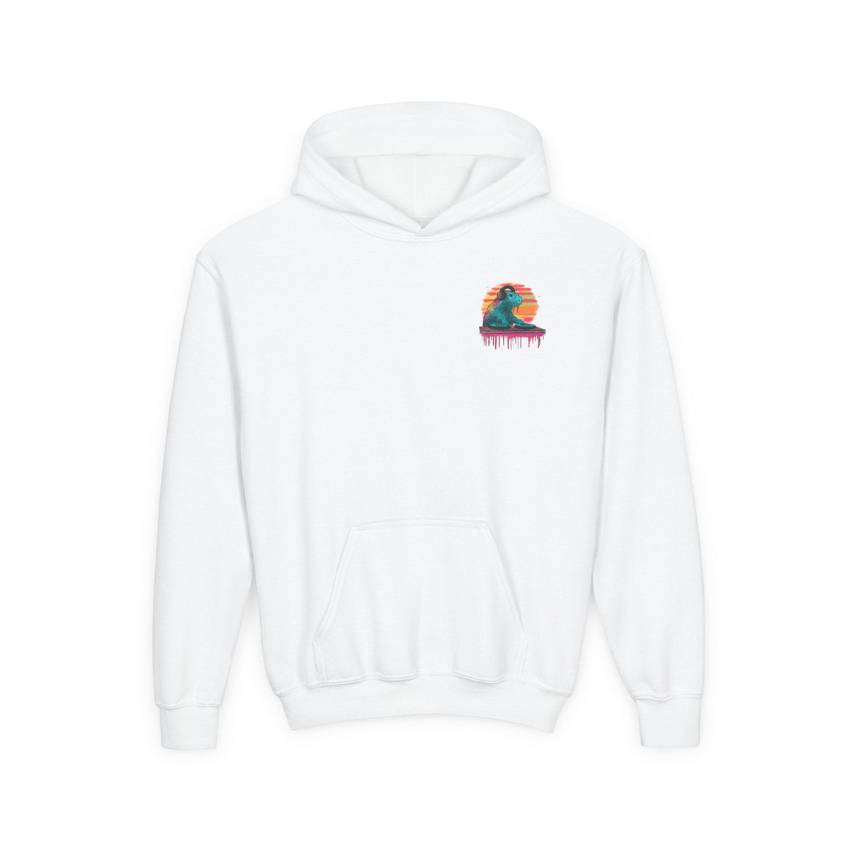 Capy Life white kids hoodie featuring a small DJ capybara graphic on the chest with a kangaroo pocket and hood