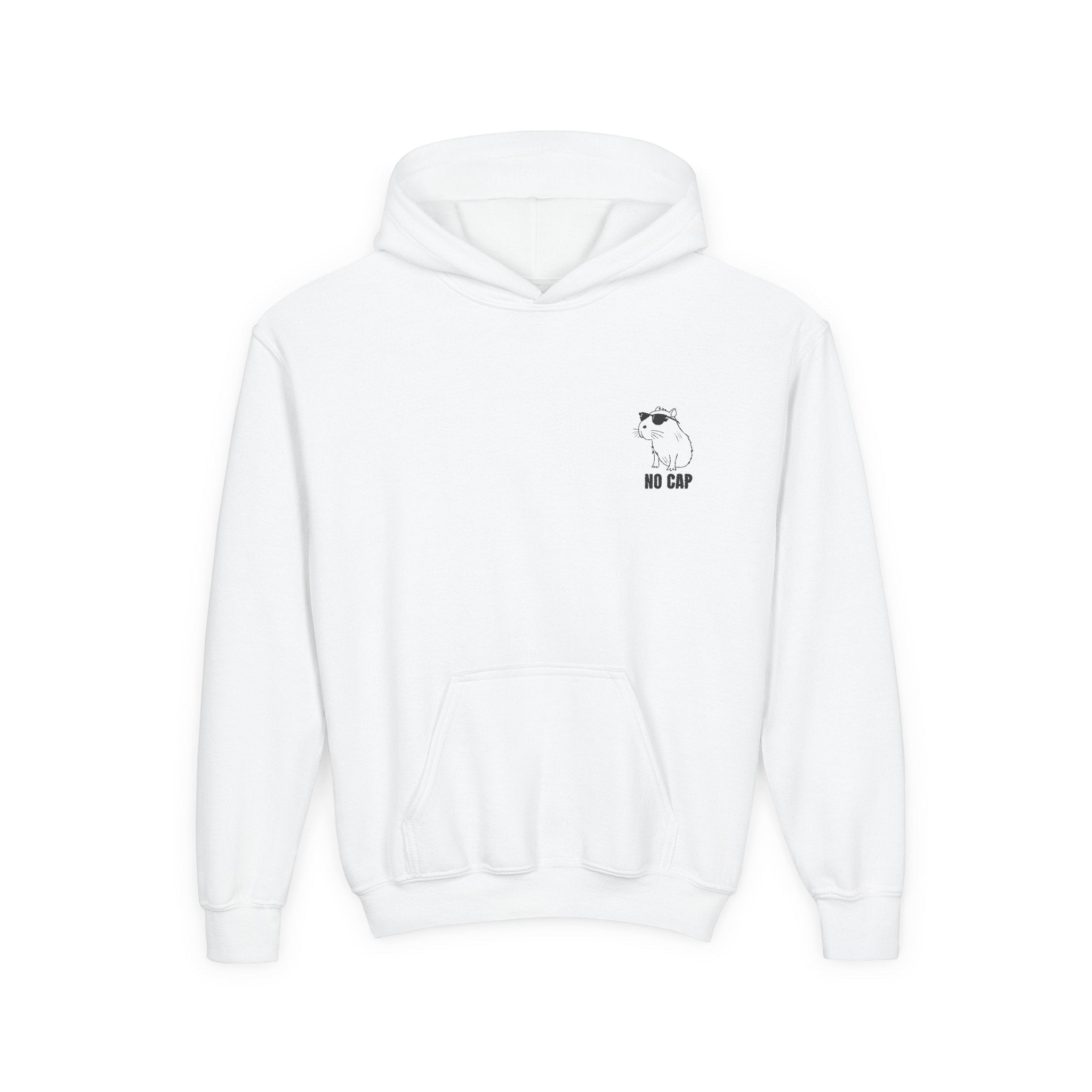 Capy Life white kids hoodie featuring a small embroidered capybara wearing sunglasses with the text No Cap