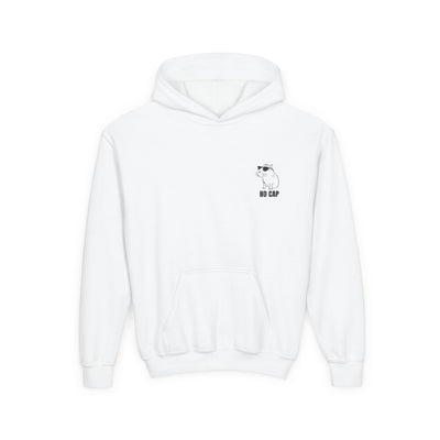 Capy Life white kids hoodie featuring a small embroidered capybara wearing sunglasses with the text No Cap