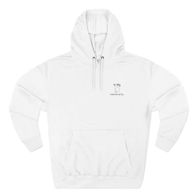 Capy Life white premium hoodie with minimalist embroidered capybara design and In My Unbothered Era text on chest