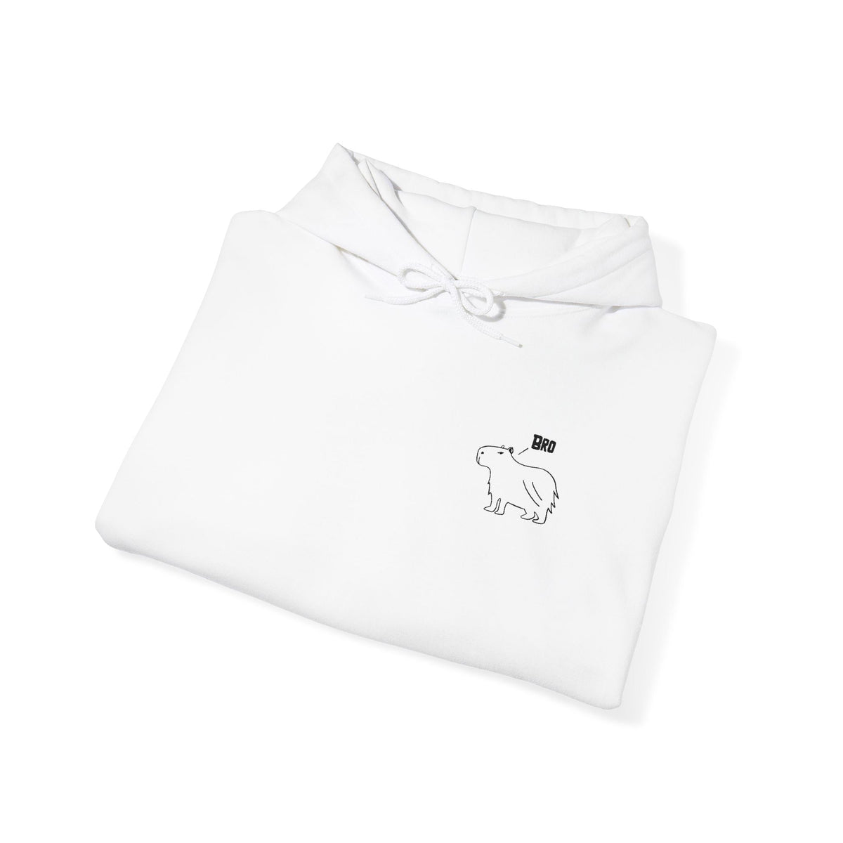 Capy Life white cotton-poly hoodie featuring a minimalist embroidered capybara design with the word Bro on the chest.