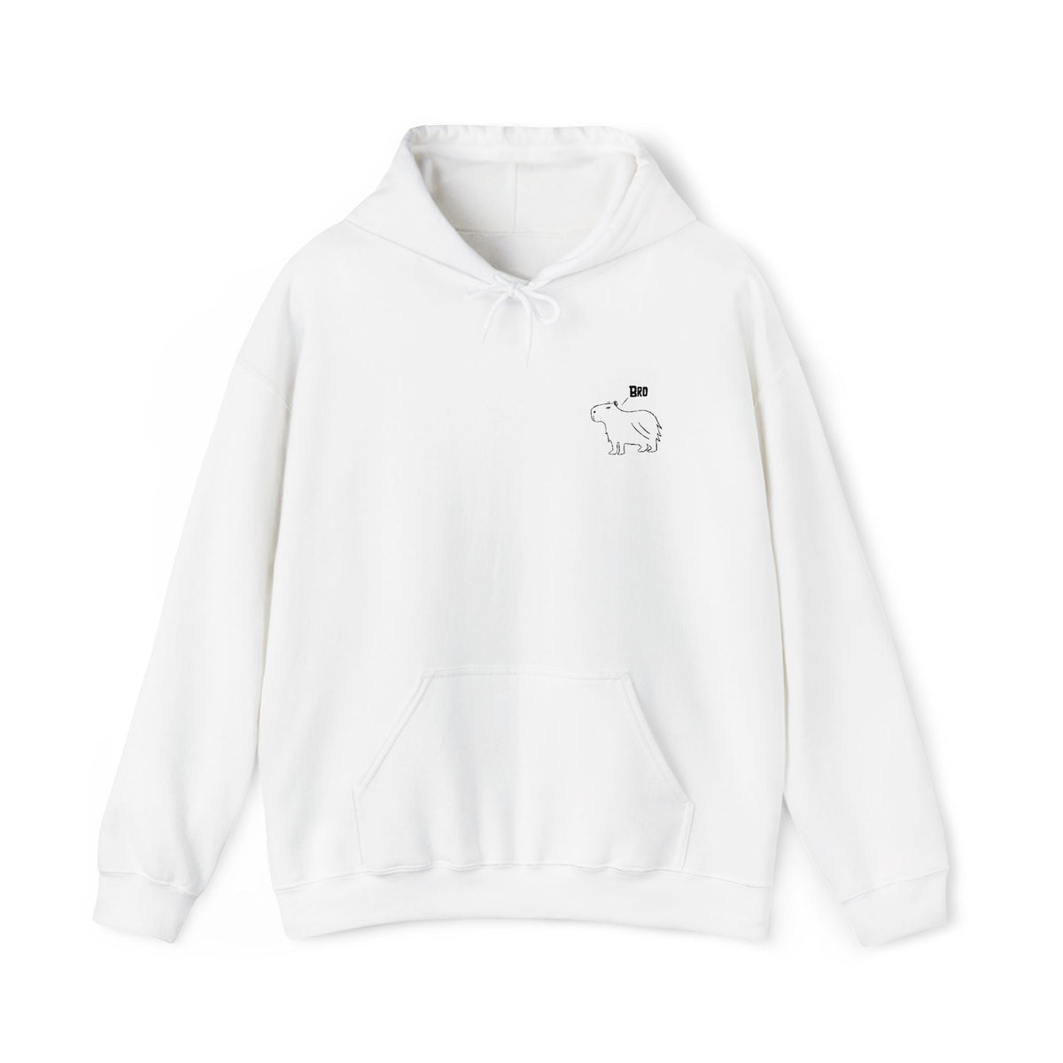 Capy Life white hoodie featuring minimalist black embroidered capybara design with the word Bro on the chest