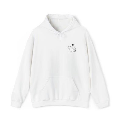 Capy Life white hoodie featuring minimalist black embroidered capybara design with the word Bro on the chest