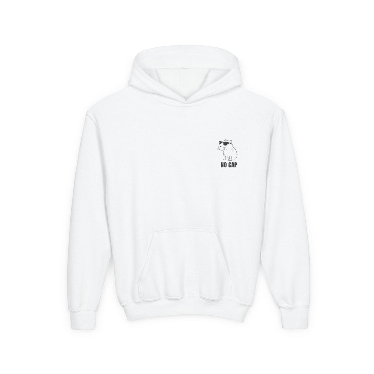 Capy Life white kids hoodie featuring a small embroidered capybara wearing sunglasses with the text No Cap