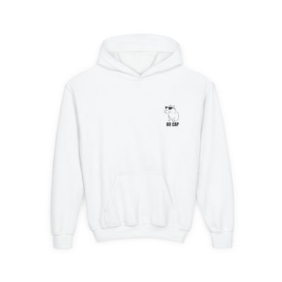Capy Life white kids hoodie featuring a small embroidered capybara wearing sunglasses with the text No Cap