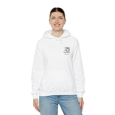 Capy Life white hoodie featuring a small embroidered capybara in a golf cart with the text I saw that on the chest.