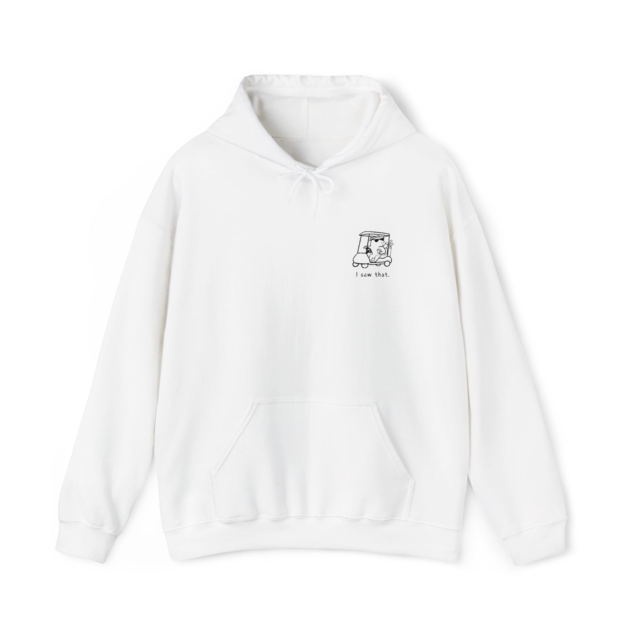 Capy Life white hoodie featuring a small, minimalist embroidered capybara in a golf cart with the text I saw that.