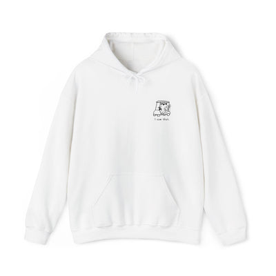 Capy Life white hoodie featuring a small, minimalist embroidered capybara in a golf cart with the text I saw that.