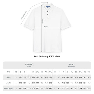 Capy Life white performance golf polo shirt with a structured collar and three-button placket, shown with size guide.