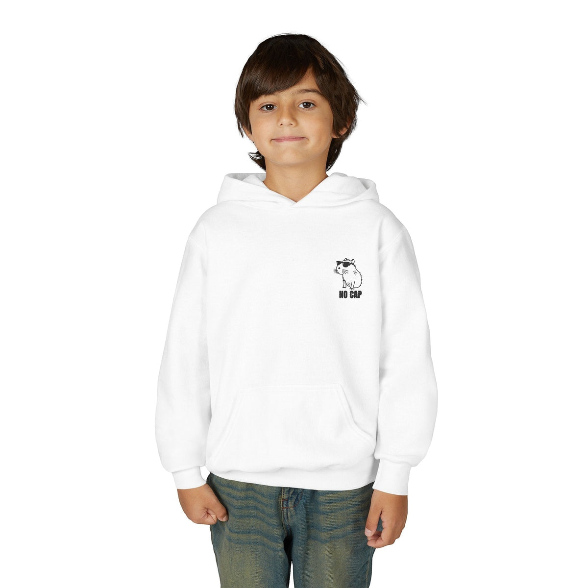 A young boy wearing a white Capy Life kids hoodie with a small embroidered capybara and No Cap text on the chest.