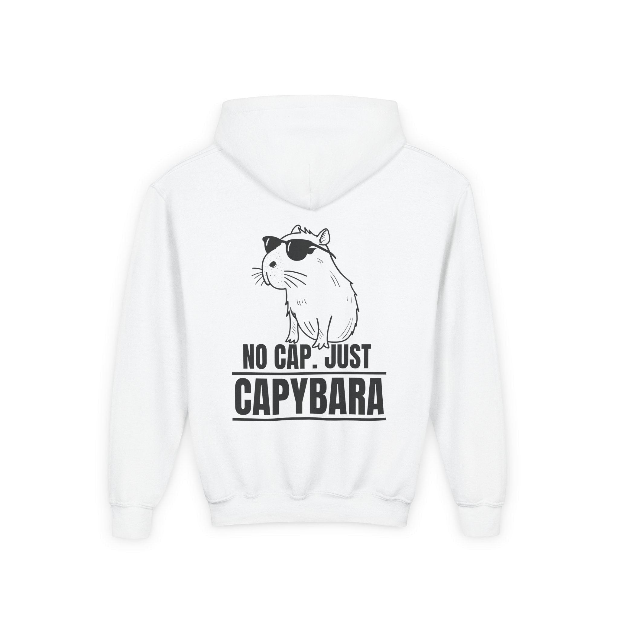 Capy Life white kids hoodie featuring a back graphic of a cool capybara wearing sunglasses with No Cap text