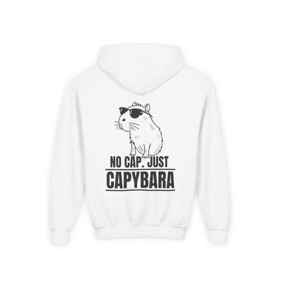 Capy Life white kids hoodie featuring a back graphic of a cool capybara wearing sunglasses with No Cap text