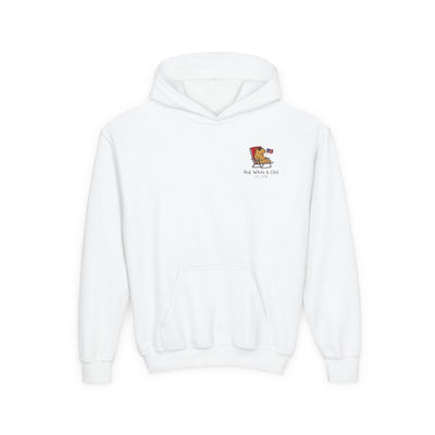 Capy Life kids white pullover hoodie featuring a small patriotic capybara graphic with an American flag.