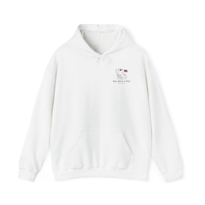 Capy Life white pullover hoodie featuring a minimalist graphic of a capybara lounging with an American flag.