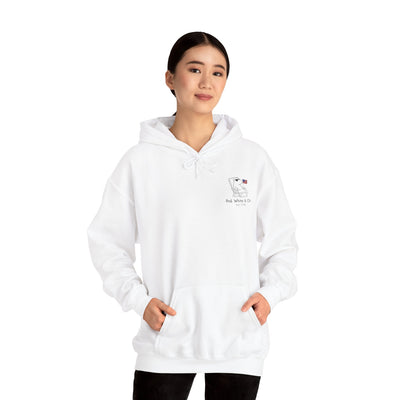Capy Life white pullover hoodie featuring a minimalist patriotic capybara graphic with Red White & Chill text.
