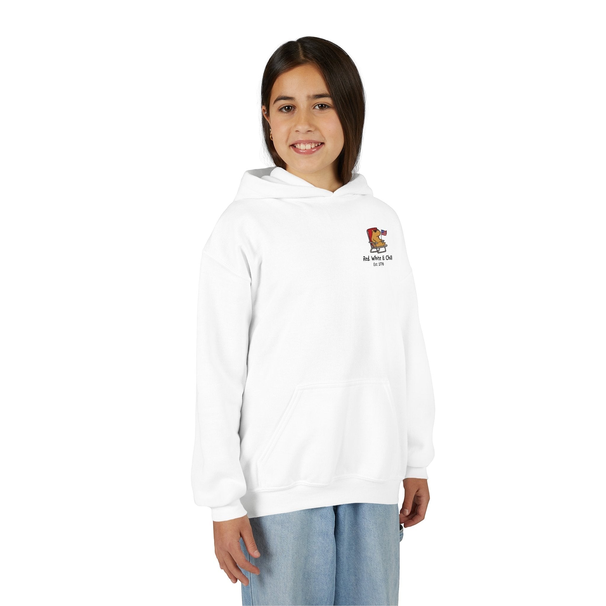 Capy Life youth white hoodie featuring a small patriotic capybara graphic with an American flag on the chest