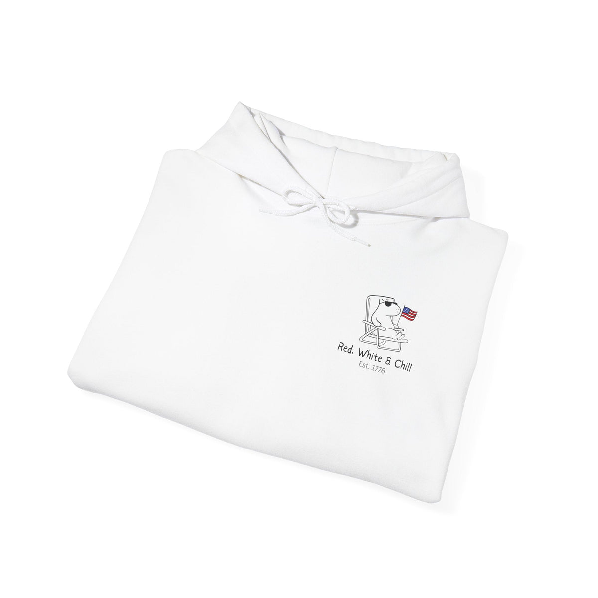 Capy Life white pullover hoodie featuring a minimalist capybara graphic with an American flag and Red White & Chill text