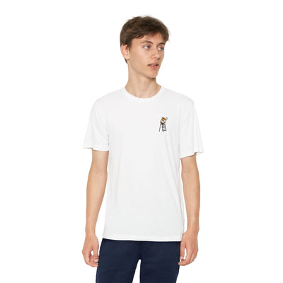 Capy Life white performance tennis t-shirt with a small capybara umpire graphic on the chest worn by a young man