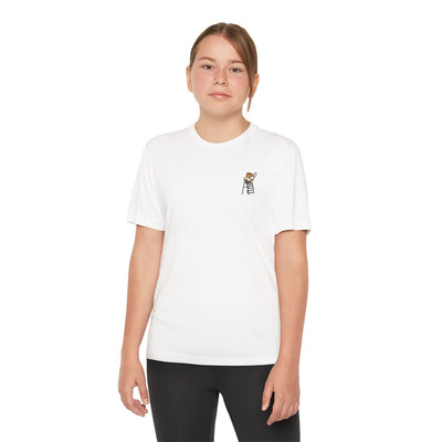 Capy Life kids white performance tennis shirt featuring a small capybara umpire graphic on the left chest
