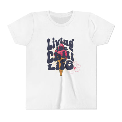 Capy Life white youth t-shirt featuring a retro ice cream graphic with the text Living the Chill Life