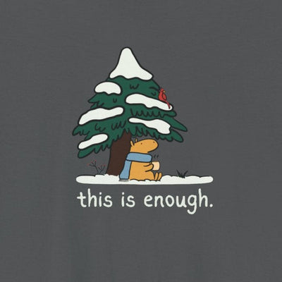 Capy Life graphic tee featuring a capybara in a blue scarf under a snowy evergreen tree with the text this is enough