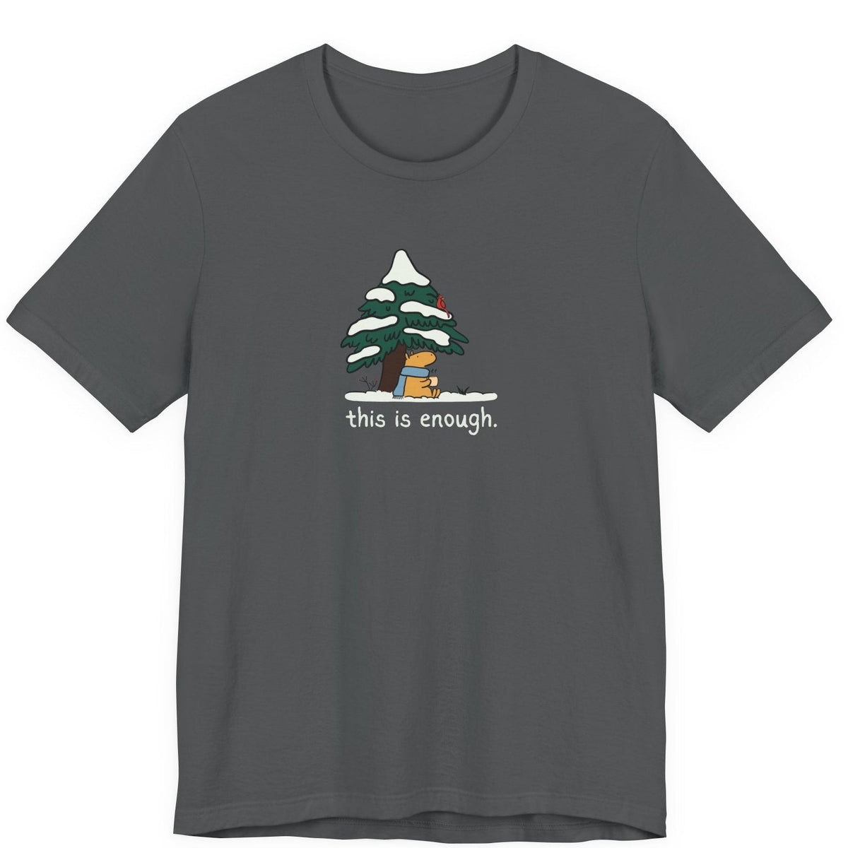 Capy Life dark grey graphic t-shirt featuring a capybara in a blue scarf under a snowy evergreen tree.