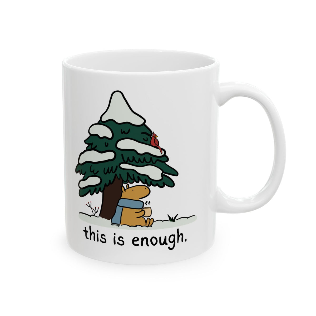 Capy Life white ceramic mug featuring a capybara in a blue scarf under a snowy evergreen tree with a red cardinal.