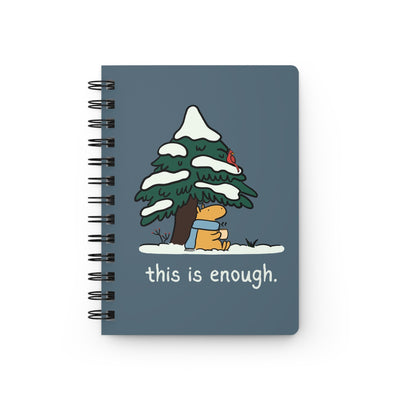 Capy Life spiral notebook with a blue cover featuring a capybara in a scarf under a snowy tree with a red cardinal.