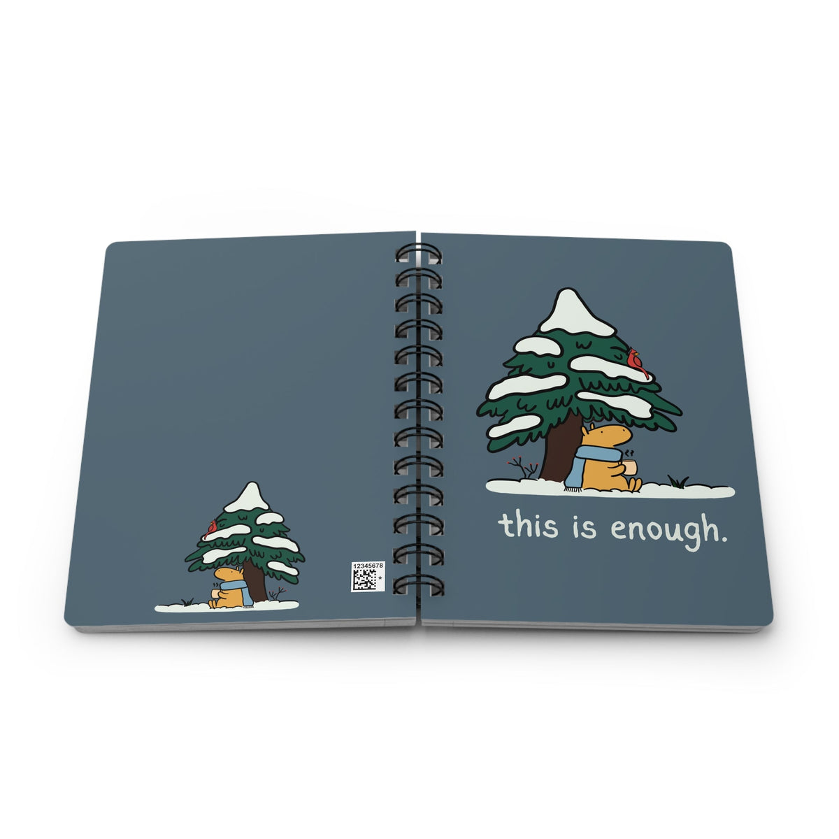 Capy Life spiral notebook featuring a winter capybara illustration with a blue scarf and the text this is enough.