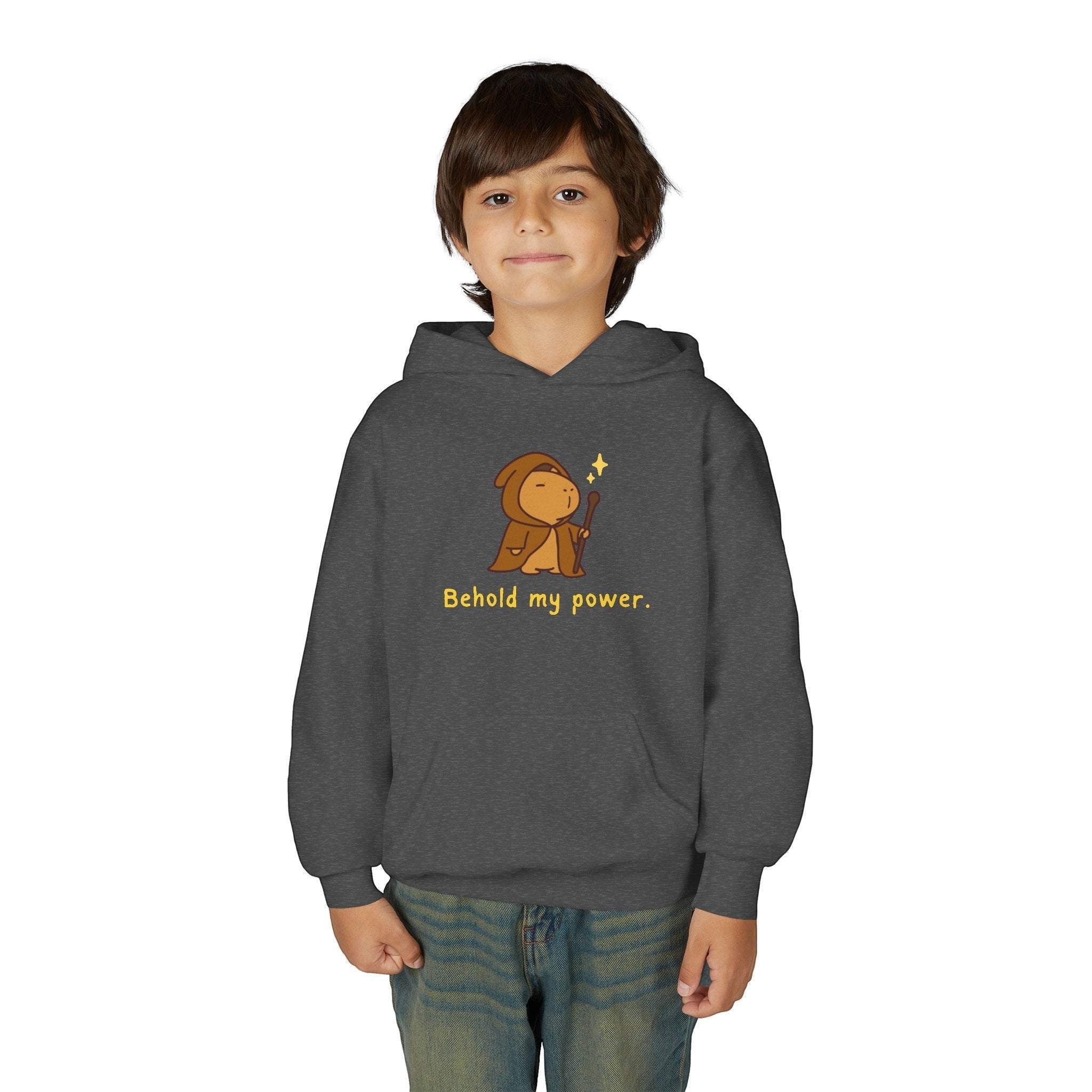 Capy Life kids dark grey pullover hoodie featuring a cute wizard capybara graphic with the text Behold my power.