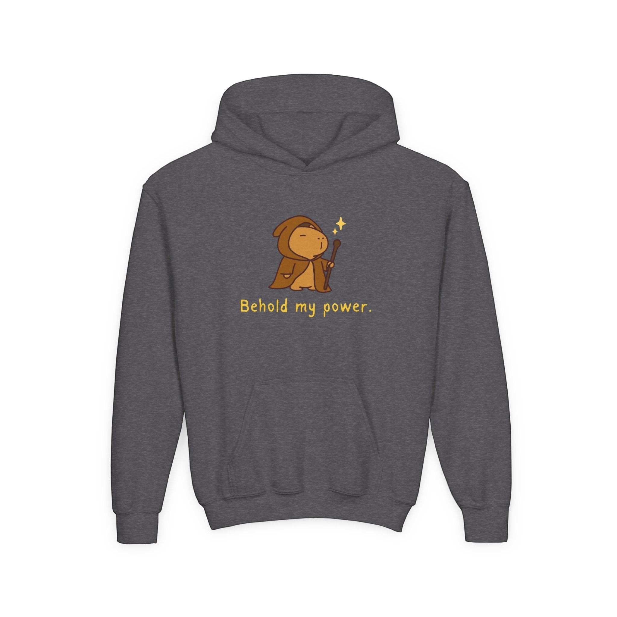 Capy Life kids dark grey pullover hoodie featuring a cute wizard capybara graphic with the text Behold my power.