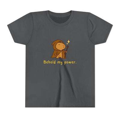 Capy Life kids charcoal grey cotton t-shirt featuring a cute wizard capybara graphic with the text Behold my power.