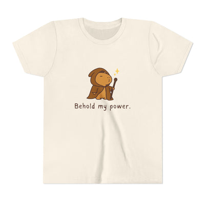 Capy Life kids t-shirt in cream cotton featuring a cute hand-drawn wizard capybara graphic with a magic wand