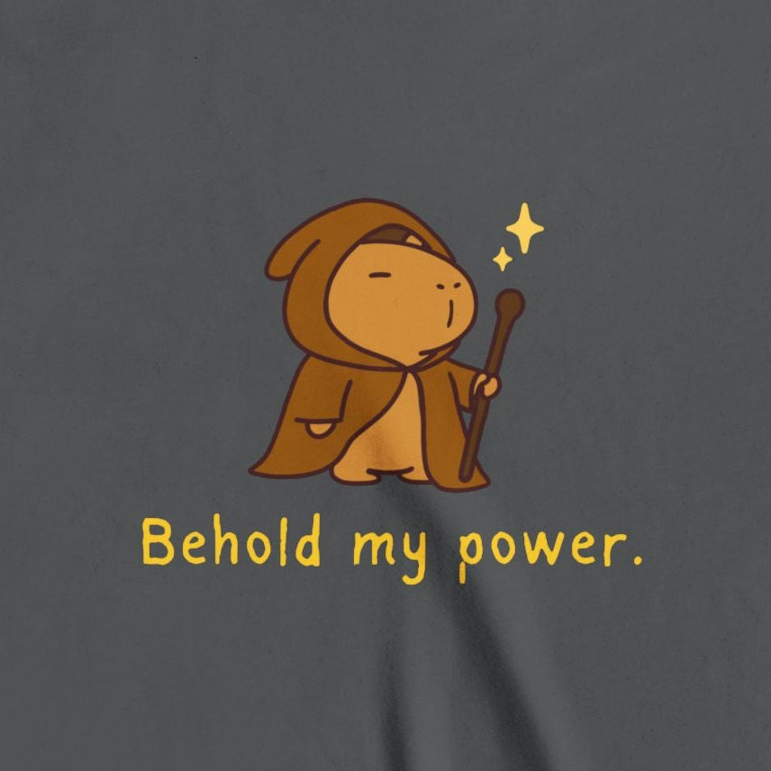 Capy Life kids t-shirt in charcoal grey featuring a cute wizard capybara illustration with the text Behold my power
