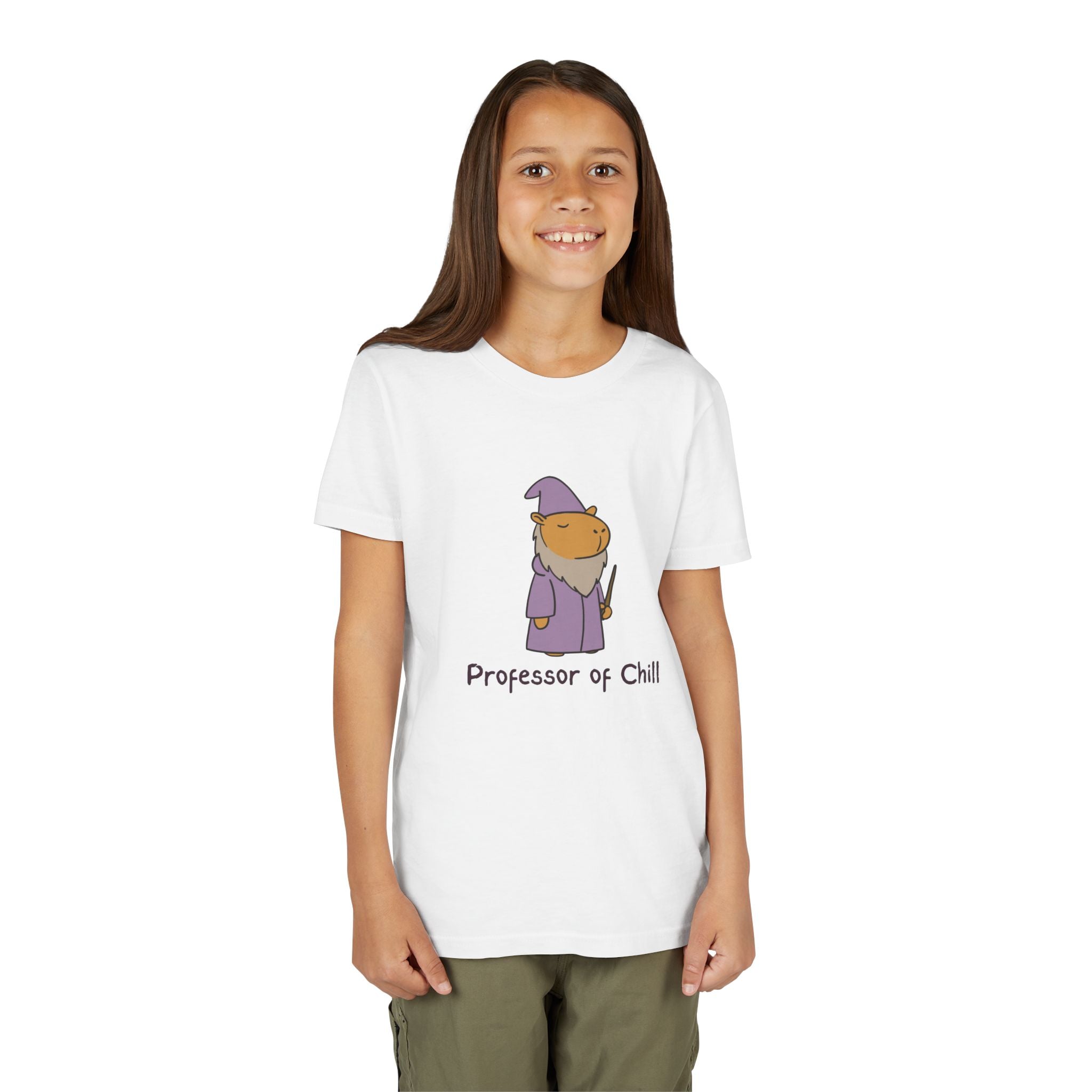 Capy Life youth white t-shirt featuring a wizard capybara graphic with the text Professor of Chill on a young girl