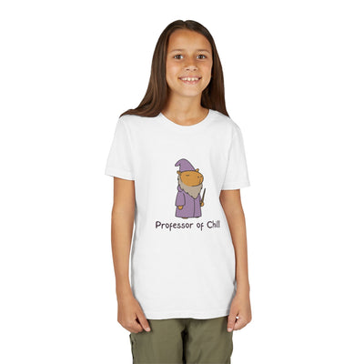 Capy Life youth white t-shirt featuring a wizard capybara graphic with the text Professor of Chill on a young girl