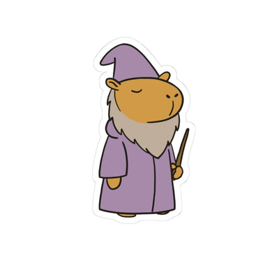 Capy Life wizard capybara sticker featuring a brown capybara in a purple robe, pointed hat, beard, and holding a wand.