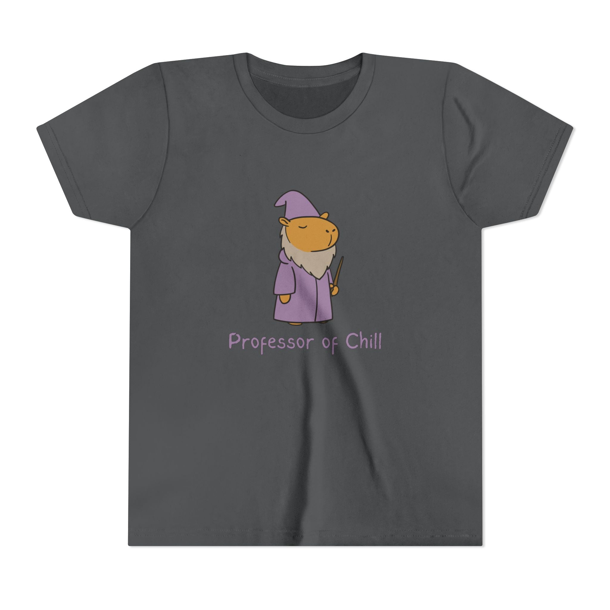 Capy Life youth t-shirt in dark grey featuring a wizard capybara in a purple robe with the text Professor of Chill