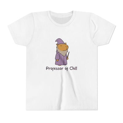 Capy Life white youth t-shirt featuring a wizard capybara in a purple robe with the text Professor of Chill