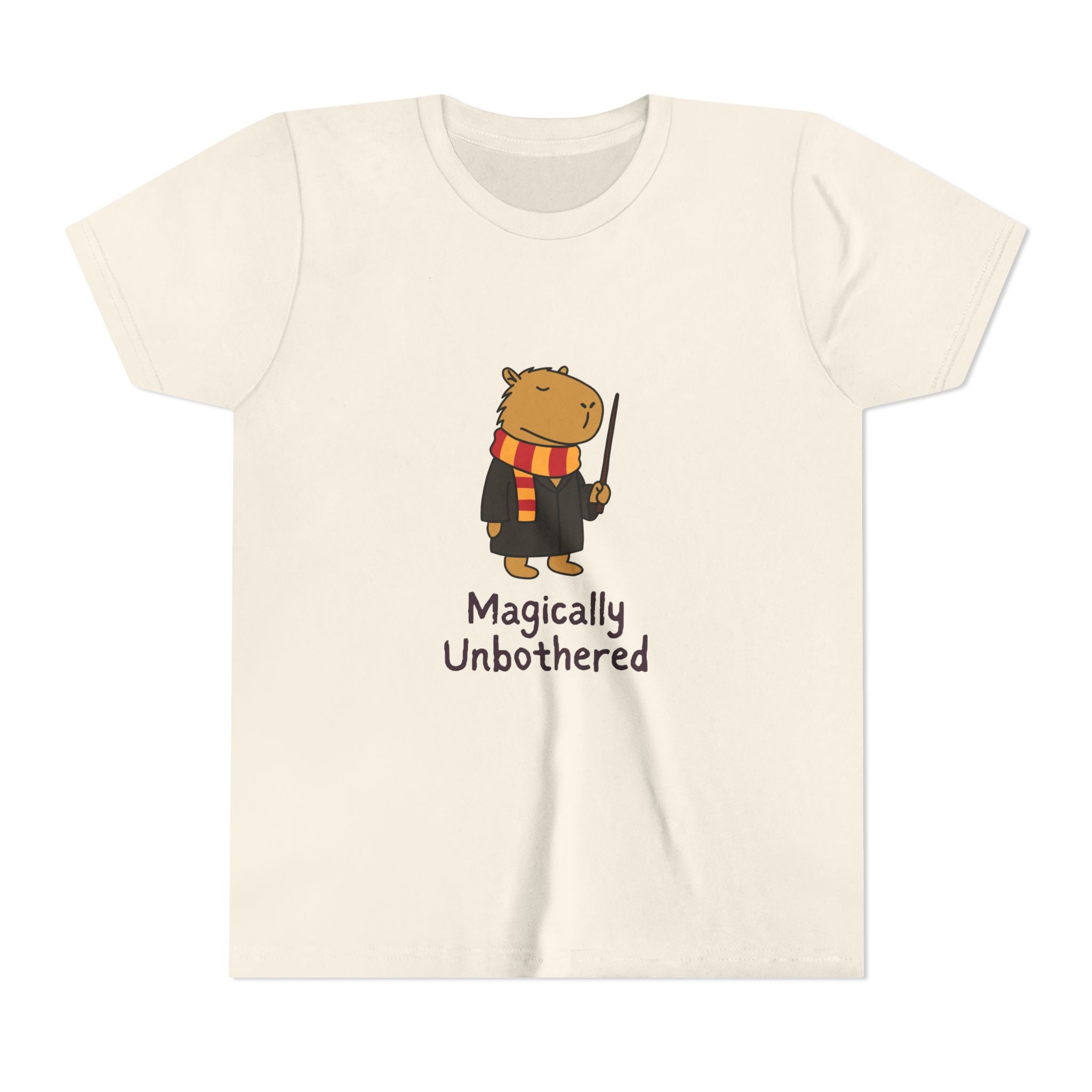 Capy Life youth tee featuring a wizard capybara in a robe and scarf holding a wand with Magically Unbothered text.