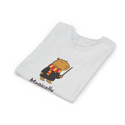 Capy Life youth t-shirt in light grey featuring a cute wizard capybara graphic with a wand and striped scarf