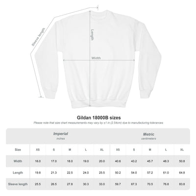 Capy Life youth sweatshirt size chart showing measurements for length, width, and sleeve length on a white crewneck.