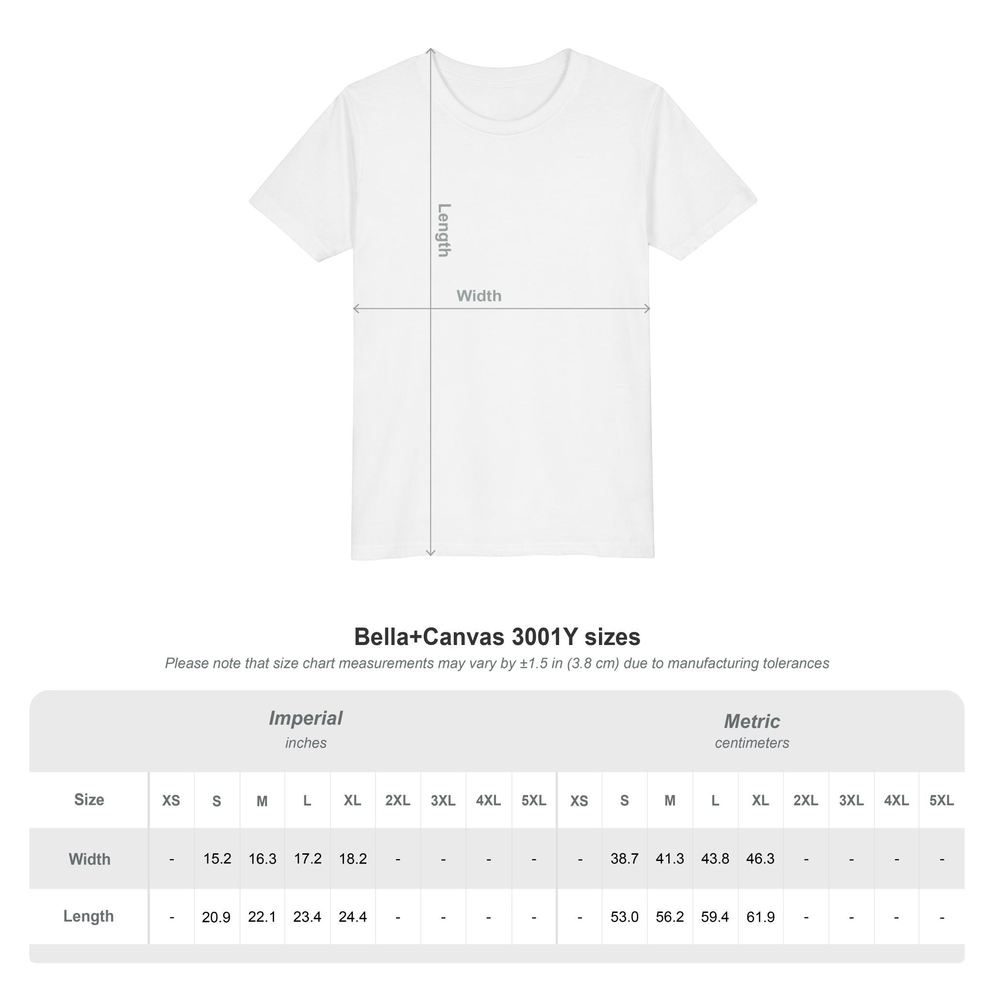 Capy Life youth unisex white t-shirt size chart showing width and length measurements for Bella+Canvas 3001Y