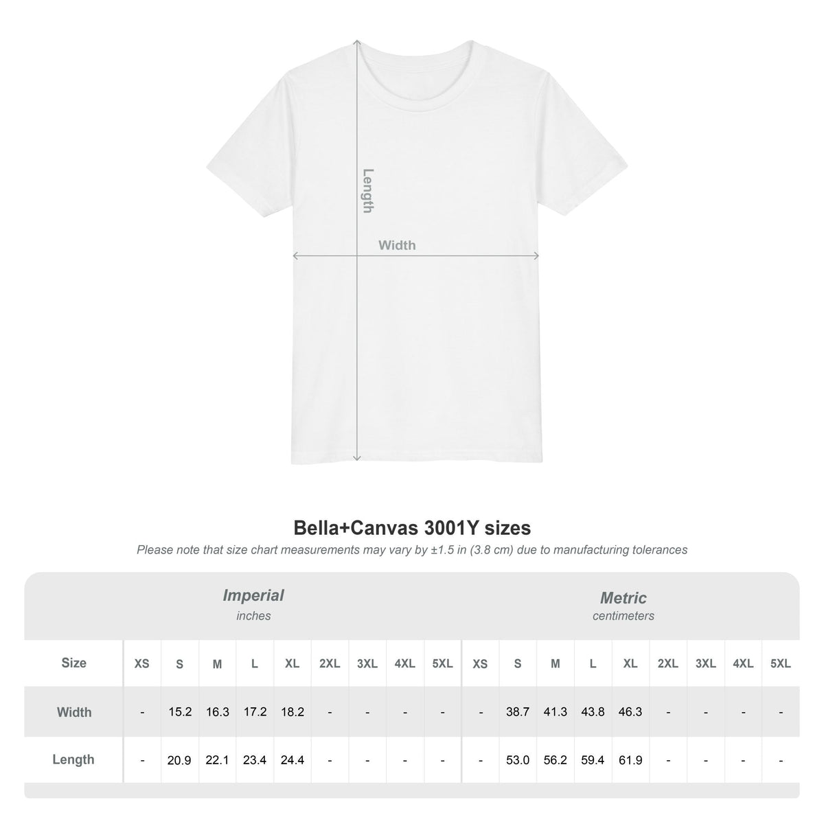 Capy Life white crew neck youth t-shirt size chart with width and length measurement lines