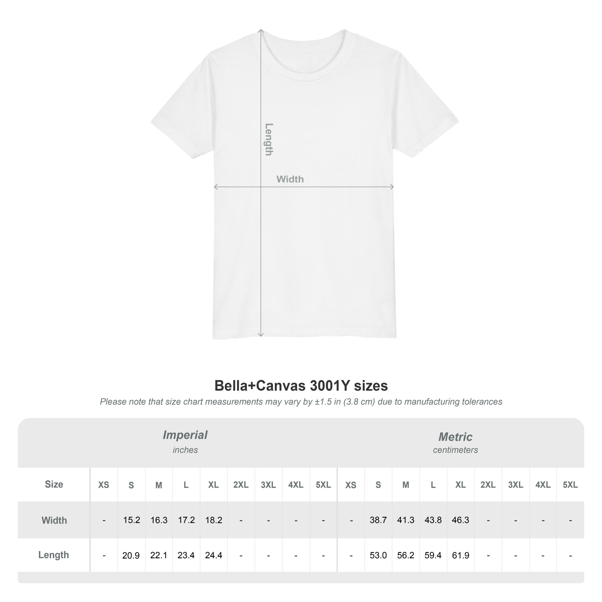 Capy Life size chart for youth t-shirt showing width and length measurements on a white crew neck tee